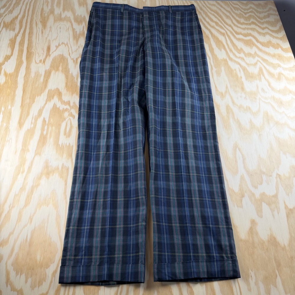 Vintage Brooks Brothers Mens Plaid Dress Pants Navy Red Cuffed USA Made 34x29
